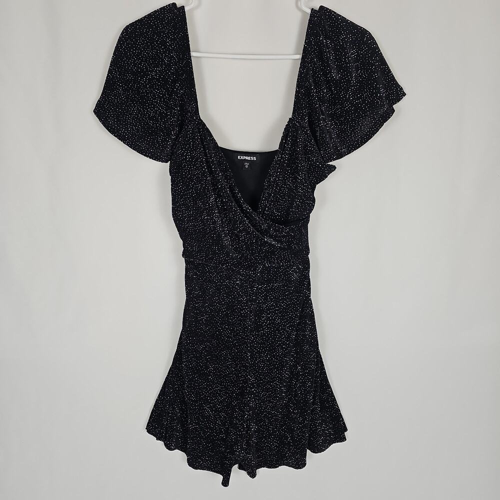 Express Shorts Romper Small Black Speckled Polka Dot Flutter Sleeve, Size PXS